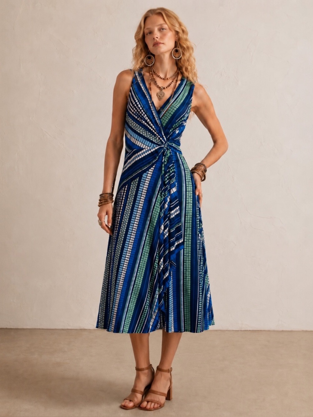 NWT Women’s Robbie Bee Navy Green Front Ruffle Side-ruffled Midi Dress Sz Small